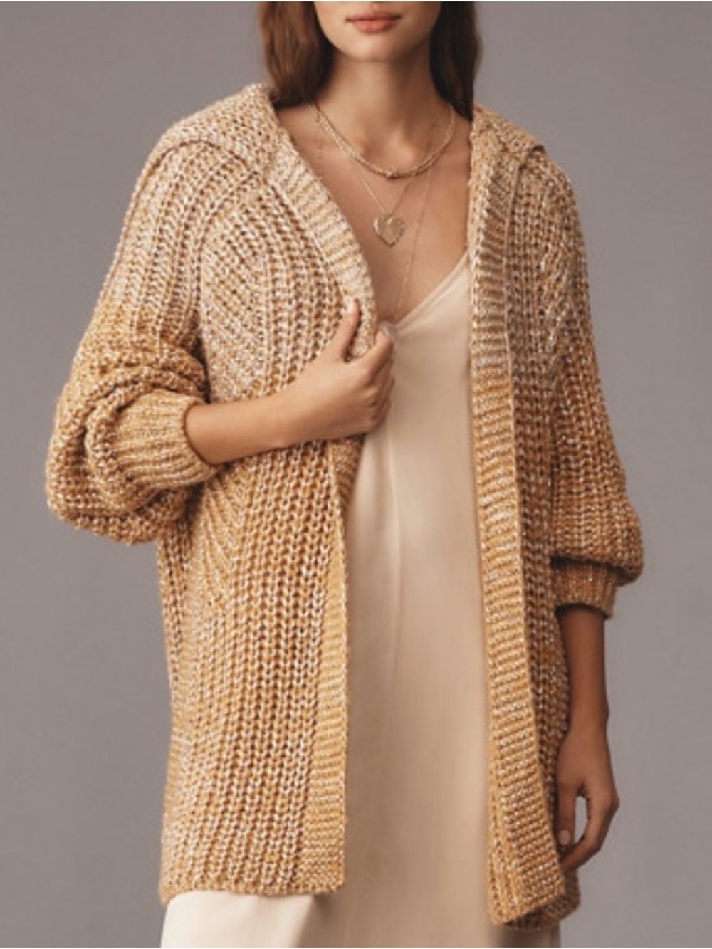Anthropologie Maeve NWT Cozy Open-Front Chunky Knit Metallic Gold Cardigan